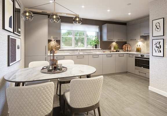 a kitchen and dining room with white chairs and a marble table