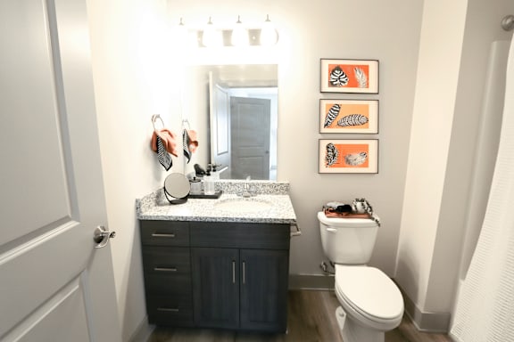 A bathroom with a toilet, sink, and pictures on the wall.