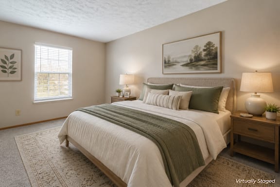 A bedroom with a large bed and a painting on the wall.