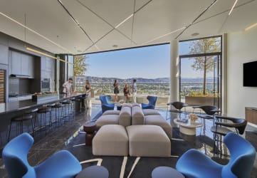a rendering of a living room with a view of the san francisco skyline