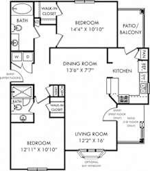 Braxton. 2 bedroom apartment. Kitchen with bartop open to living & dinning rooms. 2 full bathrooms, shower stall in master. Walk-in closets. Patio/balcony.
