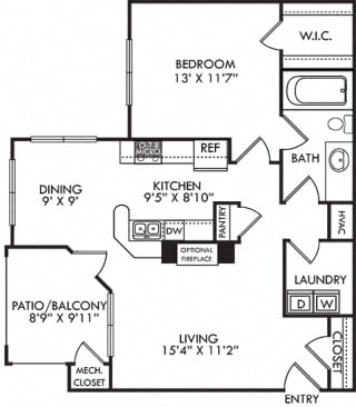 Meadows. 1 bedroom apartment. Kitchen with bartop open to living/dinning rooms. 1 full bathroom. Walk-in closet. Patio/balcony. Optional fireplace.