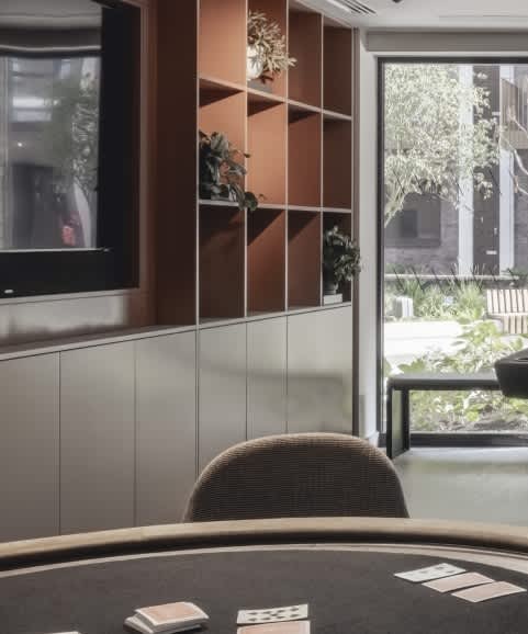 a view of the lobby of a restaurant with a bar