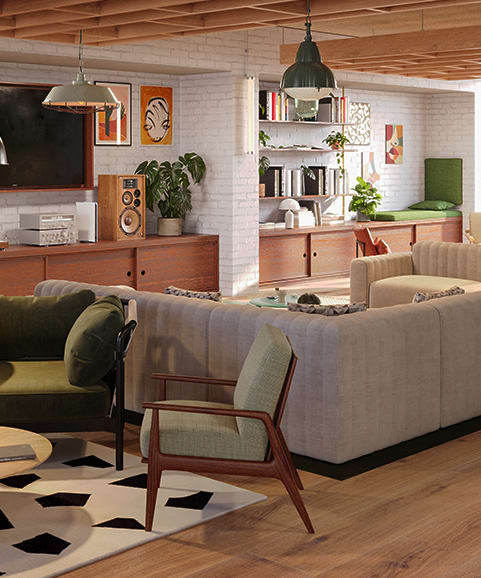a living room with couches and a coffee table