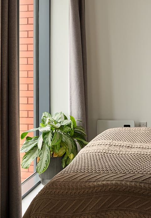 a bedroom with a large window and a bed with a blanket