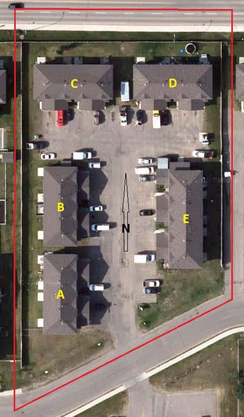 An aerial view of a neighborhood with houses labeled A, B, C, D, and E.