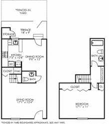 Ashton with Fenced-in Yard.1 bedroom townhouse. Kitchen with bartop open to dinning room. 1 full bathroom + powder room. built in desk. Patio/balcony open to yard.
