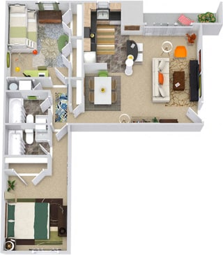 Currituck 3D 3D Currituck 2 Bedroom apartment. Kitchen with island, open to living-dining areas. 1 full hall bath. 1 master bath. large closets. in-unit laundry. patio.