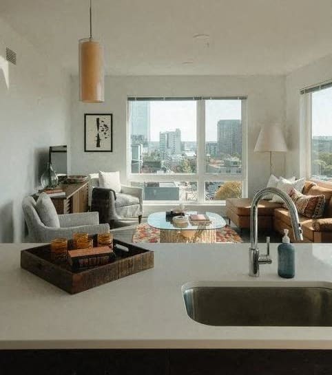 a kitchen with a view of a living room