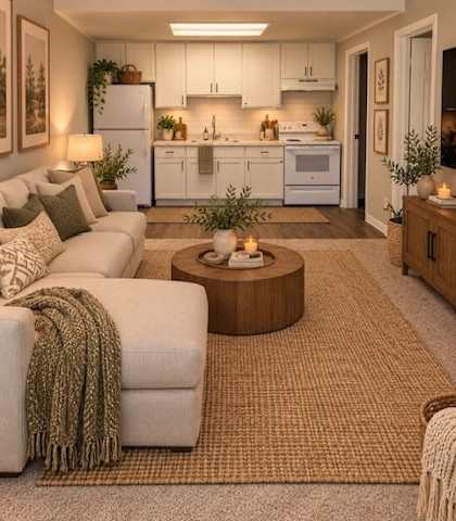 A modern living room with a white sofa and a round wooden coffee table.