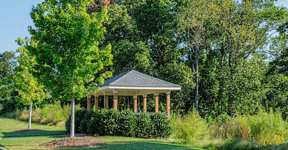 A gazebo is surrounded by greenery and trees.