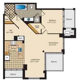 one bedroom apartment with den and balcony - The Palatine Arlington VA