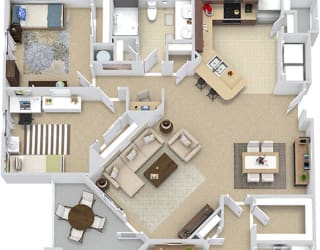 Castellon 3D. 2 bedroom apartment. Kitchen with bartop open to living room. 2 full bathrooms, double vanities. Walk-in closet in master. Patio/balcony. External storage.