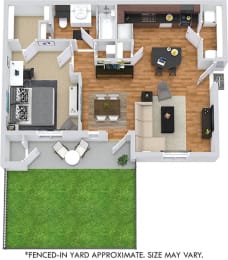 3D Wellesley 1 bedroom apartment with fenced-in yard. Kitchen with island. open to dining-living area. 1 full bath. walk-in-closet. in-unit laundry. patio/balcony.