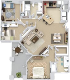Castellon 3D. 2 bedroom apartment. Kitchen with bartop open to living room. 2 full bathrooms, double vanities. Walk-in closet in master. Patio/balcony. External storage.