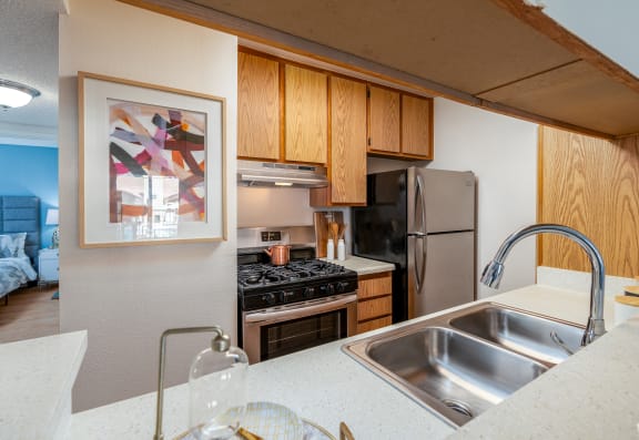 a kitchen with stainless steel appliances and a sink