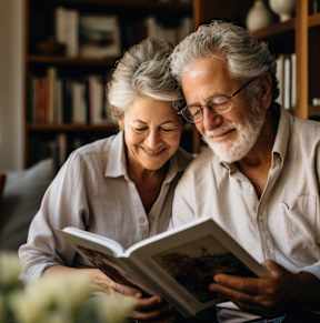 An older couple is reading a book together in a cozy room.