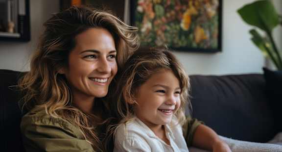 A woman and a child are sitting on a couch.