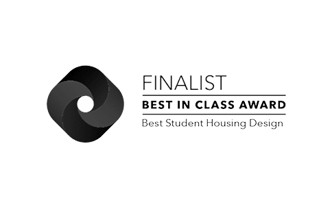 a black logo with the words finalist best in class award best student housing design