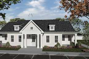 A white house with a black roof and a front porch.
