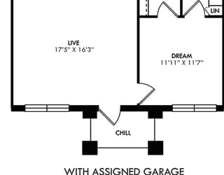 The Truth. 1 bedroom apartment with assigned garage. Kitchen with island open to living room. 1 full bathroom. Walk-in closet. Patio/balcony.