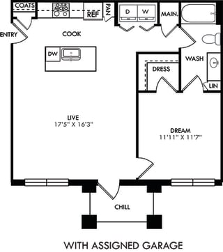 The Truth. 1 bedroom apartment with assigned garage. Kitchen with island open to living room. 1 full bathroom. Walk-in closet. Patio/balcony.