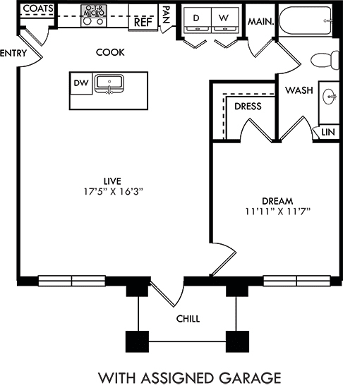 The Truth. 1 bedroom apartment with assigned garage. Kitchen with island open to living room. 1 full bathroom. Walk-in closet. Patio/balcony.