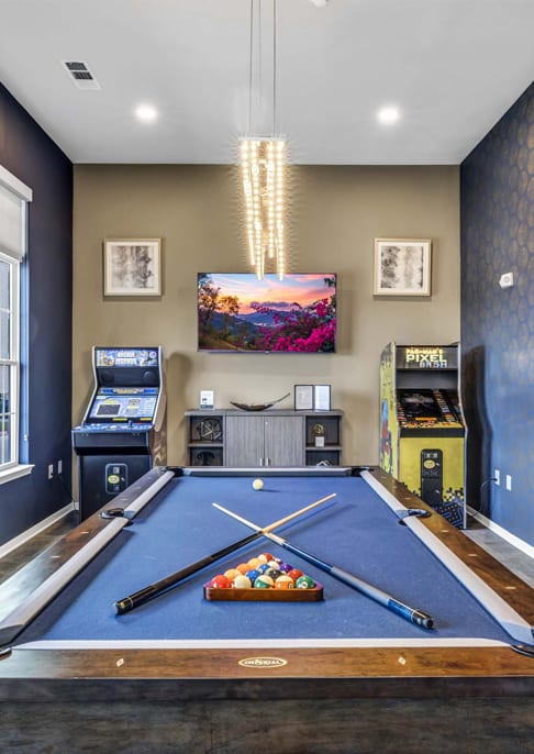 a games room with a pool table and a television