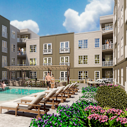 A pool area with lounge chairs and a person standing in the pool. at Portrait Midtown Apartments, Indiana, 46032