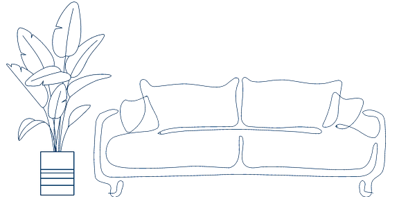 A green line drawing of a sofa and a potted plant.