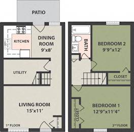  Floor Plan 2-Bedroom, 1-Bath