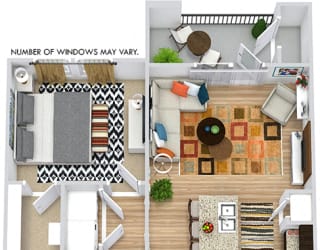 Frio 3D. 1 bedroom apartment. Kitchen with bartop open to living room. 1 full bathroom. Walk-in closet. Patio/balcony.