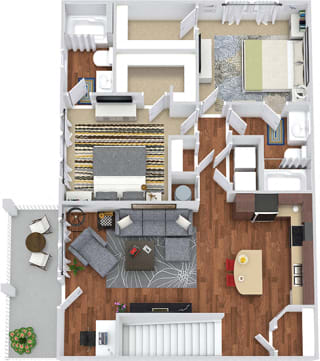The Lovett 3D. 2 bedroom apartment. 1st floor entry. Kitchen with island open to living/dinning rooms. 2 full bathrooms. Walk-in closets. Study area. Patio/balcony.