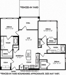 The Brushy Creek 3D. 3 bedroom apartment with Fenced-in Yard. Kitchen with island open to living/dining rooms. 2 full bathrooms. Walk-in closets. Patio/balcony.