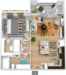 Frio 3D. 1 bedroom apartment. Kitchen with bartop open to living room. 1 full bathroom. Walk-in closet. Patio/balcony.