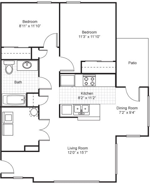 2 Bedroom 1 Bath-2D Floorplan-Legends Park Apartments, Memphis, TN