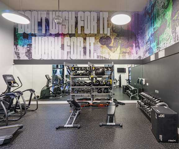 a gym with weights and cardio equipment and a mural on the wall