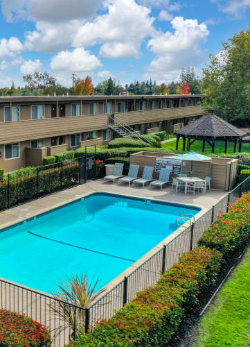 Outdoor Swimming Pool and Lounge Area with Lounge Chairs, Apartment Exteriors and Trees  at Olympus Park Apartments, Roseville, 95661