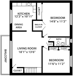 The Darlington 2 bedroom 1 bathroom floor plan at Troy Hills Village in Parsippany, NJ,07054