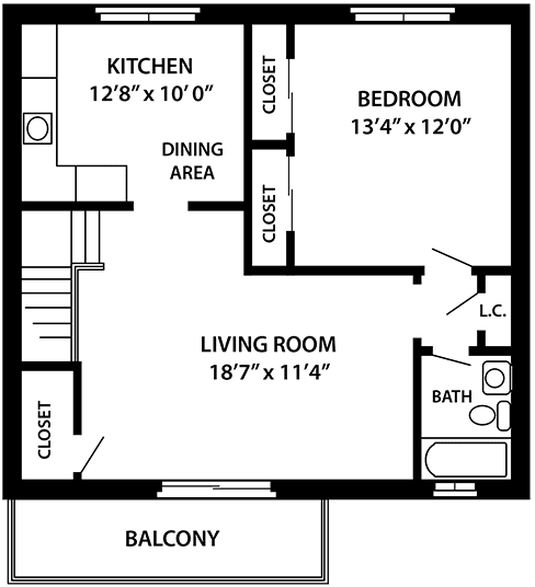 The Alpine 1 Bedroom Floor Plan at Troy Hills Village, Parsippany, NJ 07054.