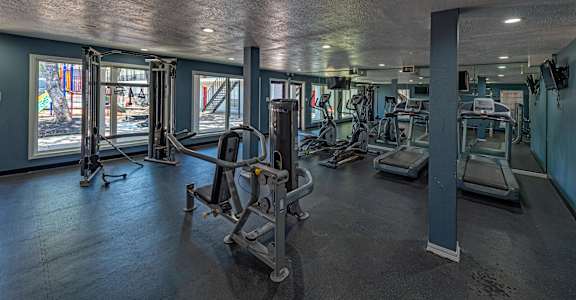 A gym with treadmills, elliptical machines, and other exercise equipment.