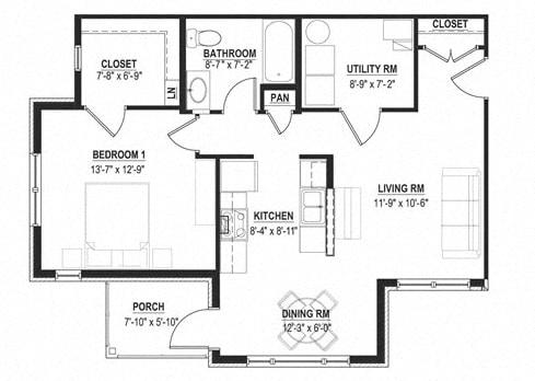 1 Bedroom 1 Bath-2D Floorplan, Cornerstone Village Pittsburgh, PA