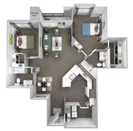 Avenel at Montgomery Square floor plans - The Warwick - B5 - 2 Bed 2 Bath - 3D
