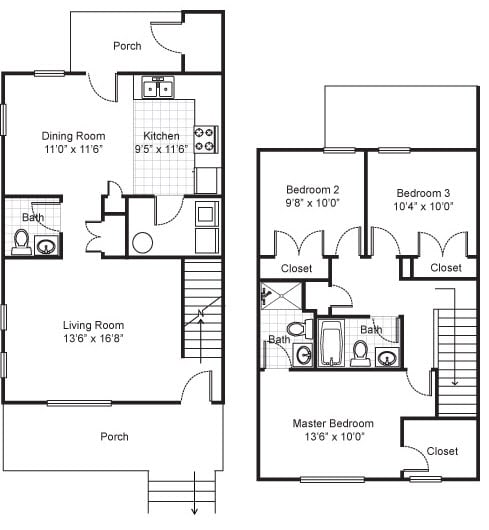 3 Bedroom 2.5 Bath Townhouse-2D Floorplan-Legends Park Apartments, Memphis, TN