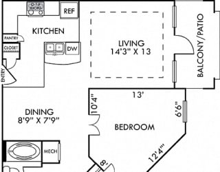 The Sydney1 bedroom apartment. Kitchen with island open to living/dining rooms. 1 full bathroom. Walk-in closet. Patio/balcony.