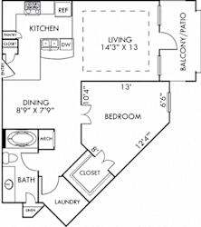 The Sydney1 bedroom apartment. Kitchen with island open to living/dining rooms. 1 full bathroom. Walk-in closet. Patio/balcony.