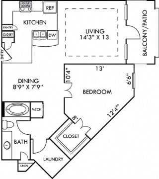The Sydney1 bedroom apartment. Kitchen with island open to living/dining rooms. 1 full bathroom. Walk-in closet. Patio/balcony.