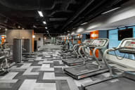 a row of treadmills and exercise machines in a fitness room