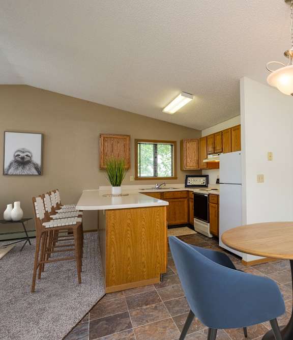 a dining area with a table and chairs and a kitchen
