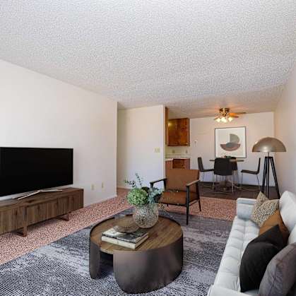 a living room with a white couch and a television